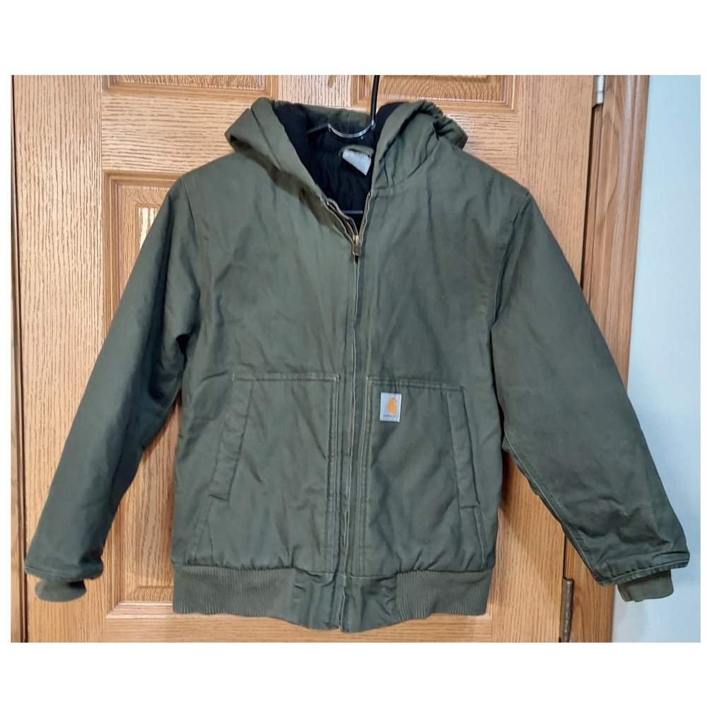 Carhartt Jacket Army Green Cotton Duck Canvas Hooded Youth Size M 10-12